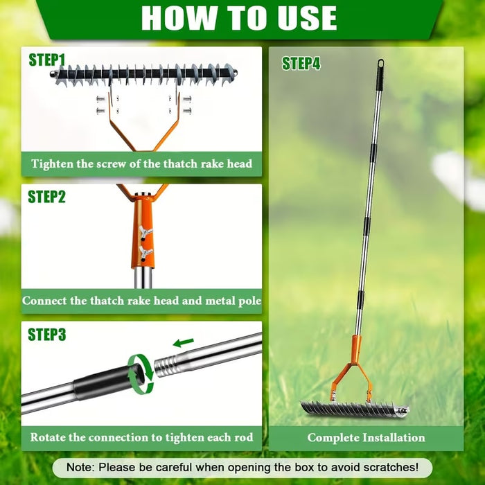 Adjustable Garden Rake 19 Tine Metal Thatching Rake with 4 Section Stainless Steel Pole