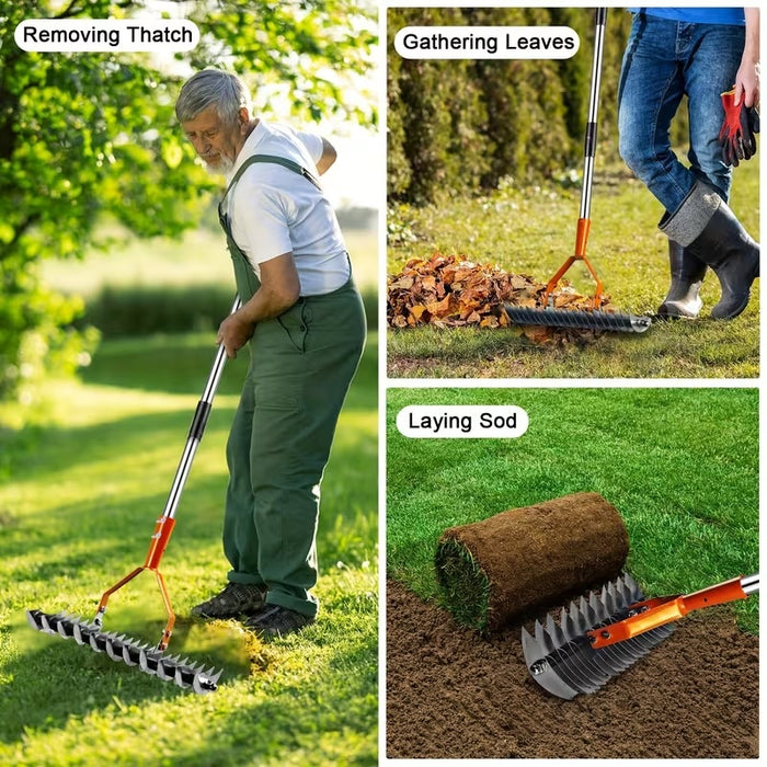 Adjustable Garden Rake 19 Tine Metal Thatching Rake with 4 Section Stainless Steel Pole