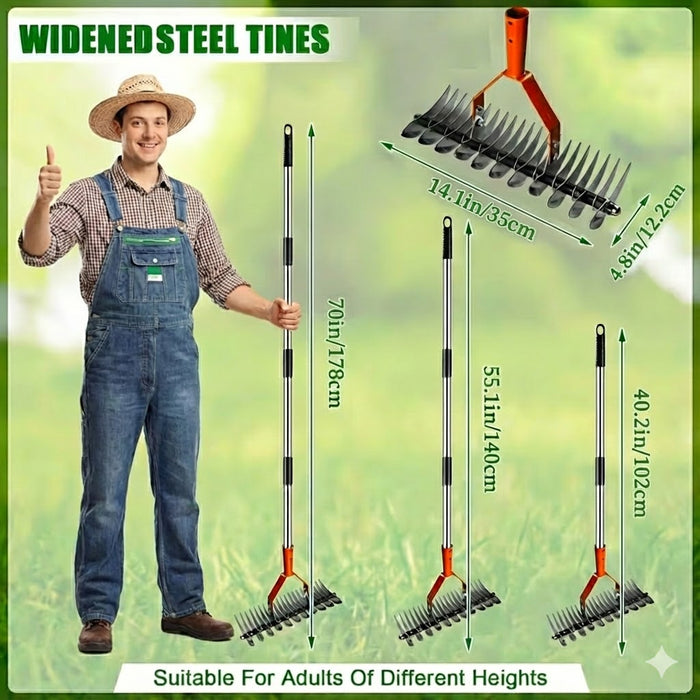 Adjustable Garden Rake 19 Tine Metal Thatching Rake with 4 Section Stainless Steel Pole
