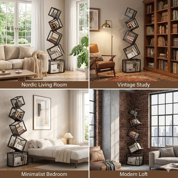 Geometric Stacking Bookshelf Modern Carbon Steel Storage Rack -183cm Tall