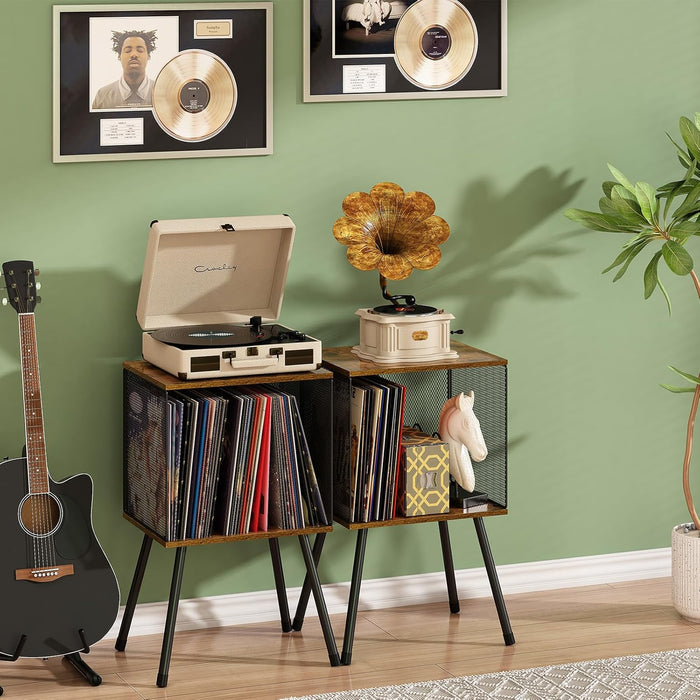 Retro Mesh Record Stand with 4 Reinforced Metal Legs Small Cabinet for Vinyls
