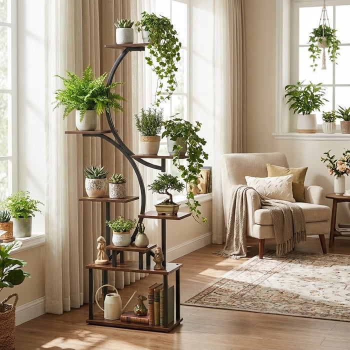 5 Tier Curved Flower Stand Metal Wood Tiered Plant Shelf