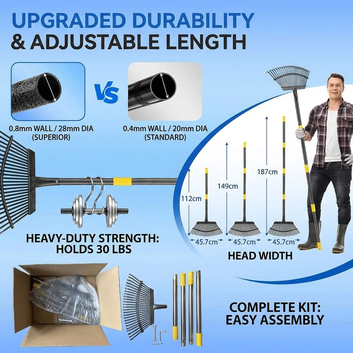 25 Tine Adjustable Garden Rake Leaf Rake