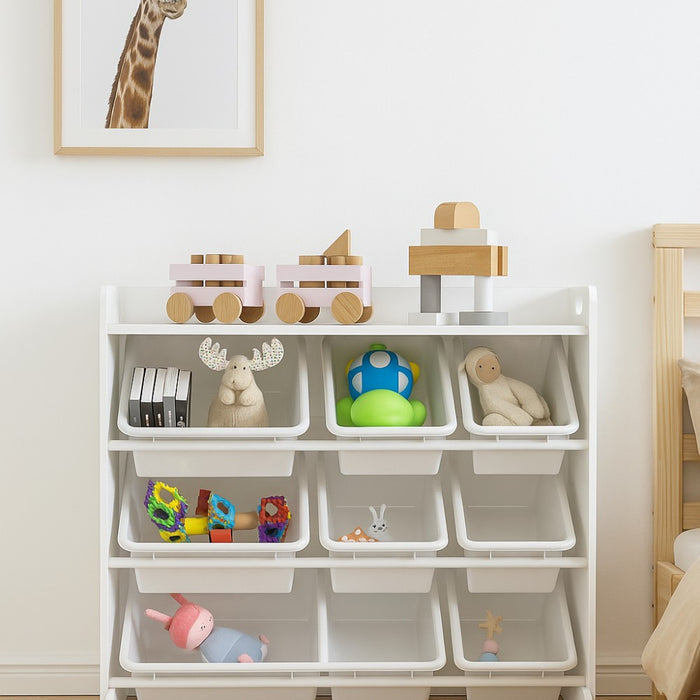 Toy Storage Shelf with 9 Bins – Wooden Organizer for Books, Toys