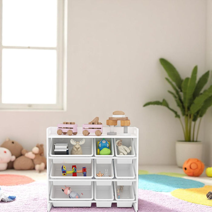 Toy Storage Shelf with 9 Bins – Wooden Organizer for Books, Toys