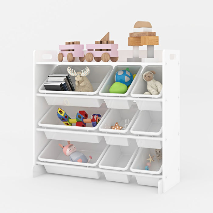 Toy Storage Shelf with 9 Bins – Wooden Organizer for Books, Toys