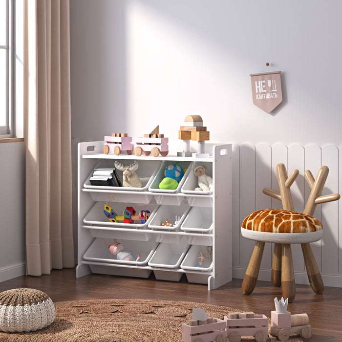 Toy Storage Shelf with 9 Bins – Wooden Organizer for Books, Toys