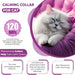 Cat lying on a pink cushion with text about a calming collar for cats, including features and benefits.