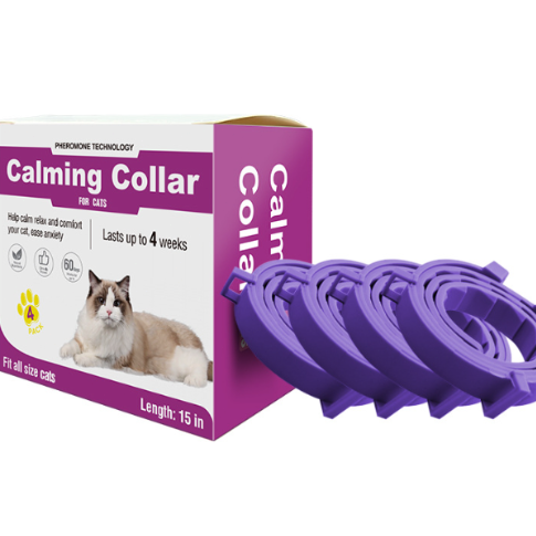 Cat calming collar packaging with collars displayed in front on a white background