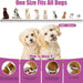 Dog collar with size chart and step-by-step guide on how to wear it, featuring two dogs and a measurement bar.