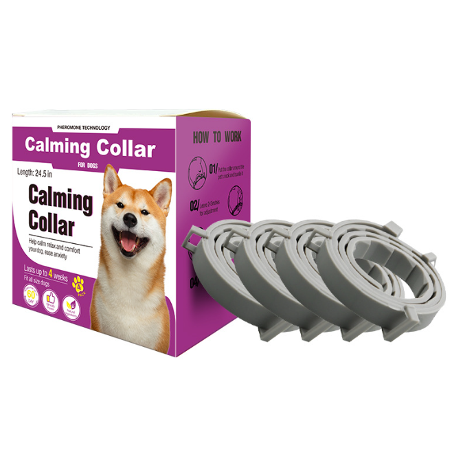 Calming collar packaging with a dog illustration and multiple gray collars on a white background