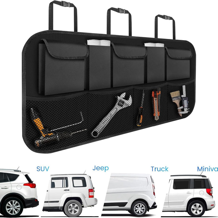 Car backseat organizer with tools on a white background