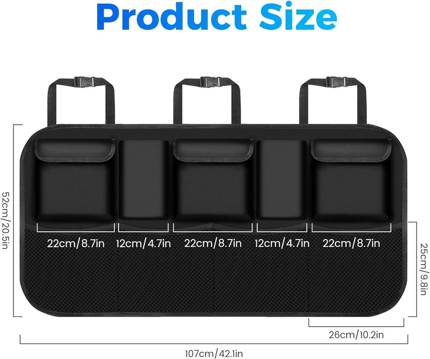 Black car seat organizer with dimensions labeled on a white background