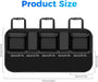 Black car seat organizer with dimensions labeled on a white background
