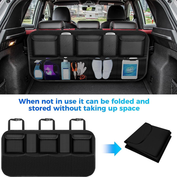 Car organizer in a vehicle with storage compartments and text about folding functionality.