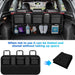 Car organizer in a vehicle with storage compartments and text about folding functionality.