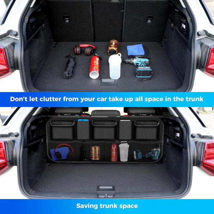 Car trunk with organized compartments and tools, with text about saving trunk space.