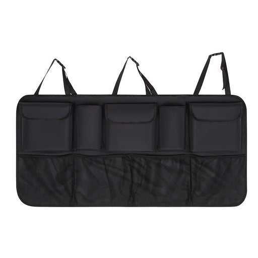 Black car organizer with multiple pockets on a white background