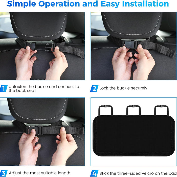 Step-by-step guide on how to install a car seat cover with hands demonstrating each step.
