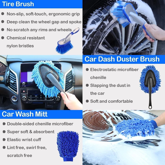 Set of car cleaning tools including a tire brush, car dash duster brush, and car wash mitt with product features highlighted.