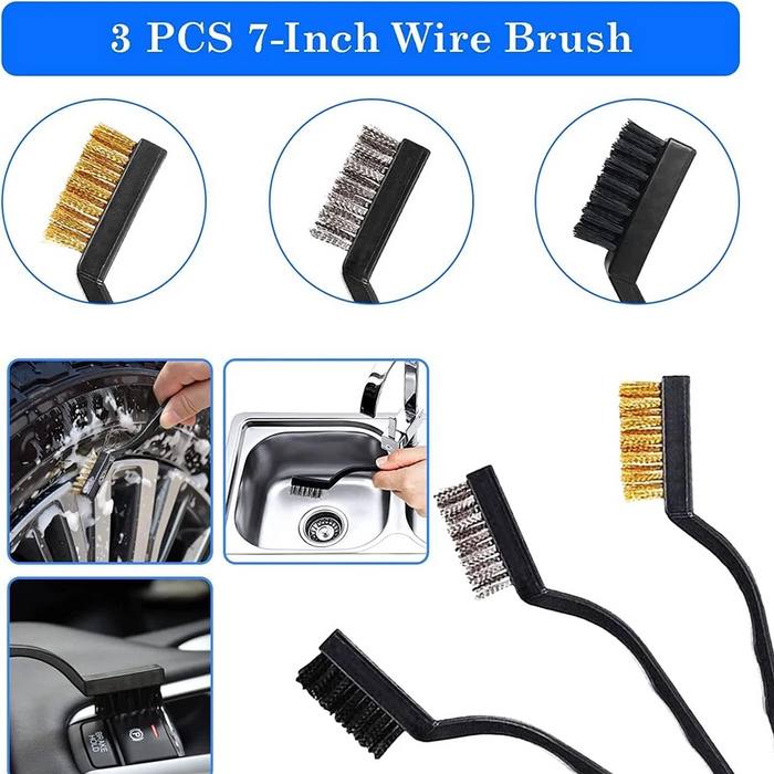 Three 7-inch wire brushes with examples of their use on various surfaces.