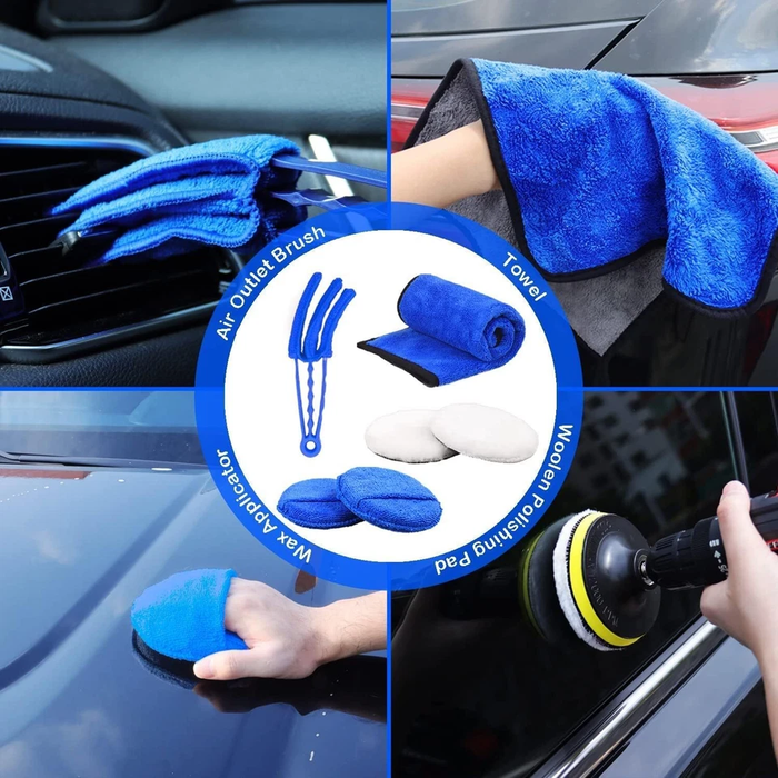 Collage of car care products including gloves, towel, applicator, and pad with a central logo.