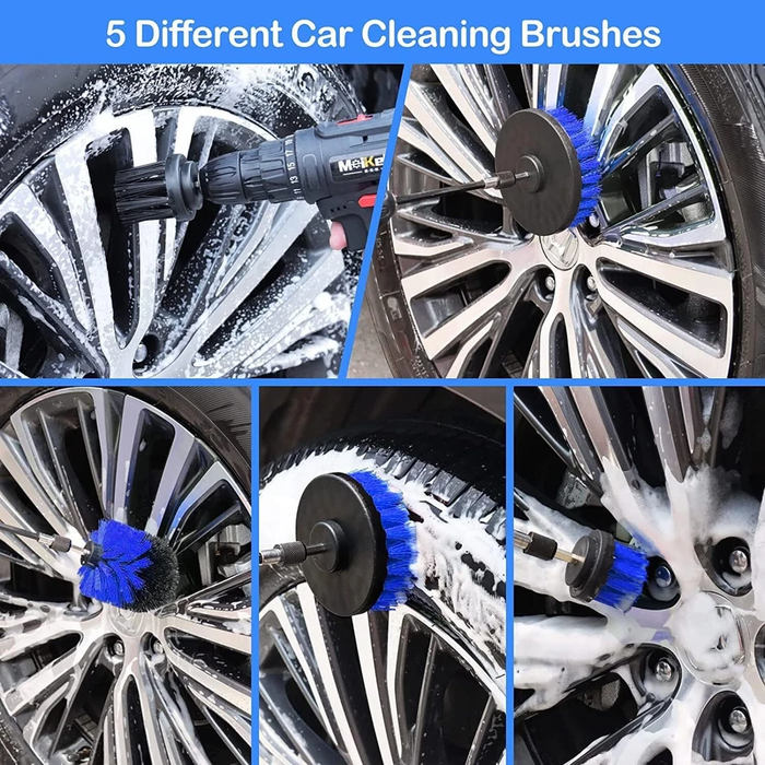 Collage of car cleaning brushes being used on car wheels with text '5 Different Car Cleaning Brushes'.