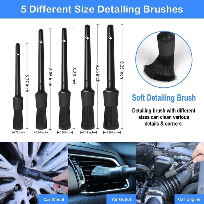 Set of five different size detailing brushes with measurements and usage examples.