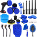 Collection of car cleaning tools including brushes, sponges, and a drill on a white background