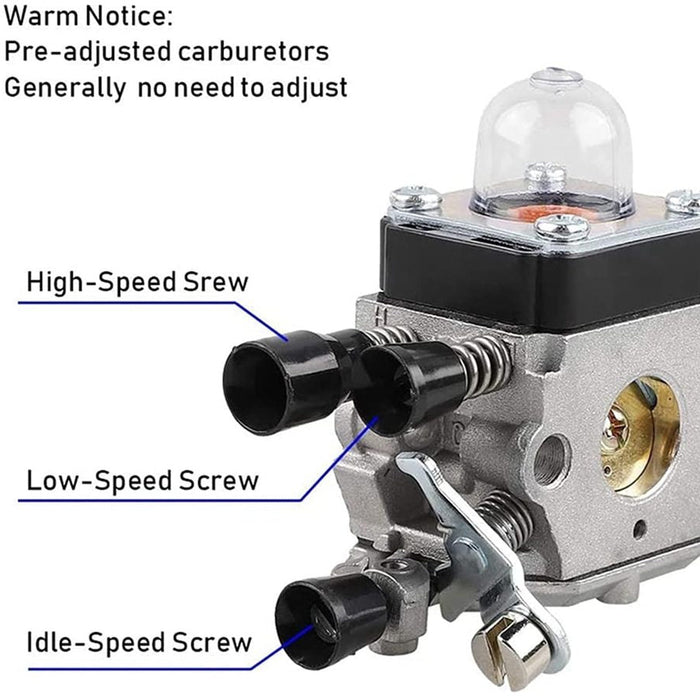 Carburetor with labeled parts on a white background