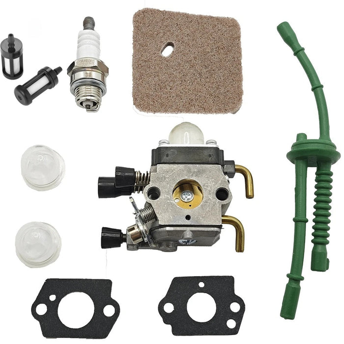 Set of carburetor and related parts on a white background