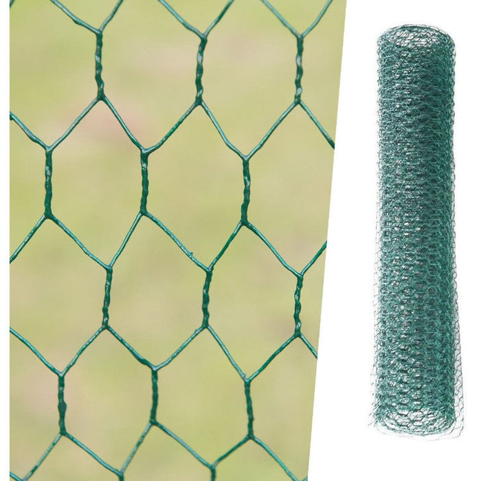 Green hexagonal wire mesh with a roll of mesh on a white background