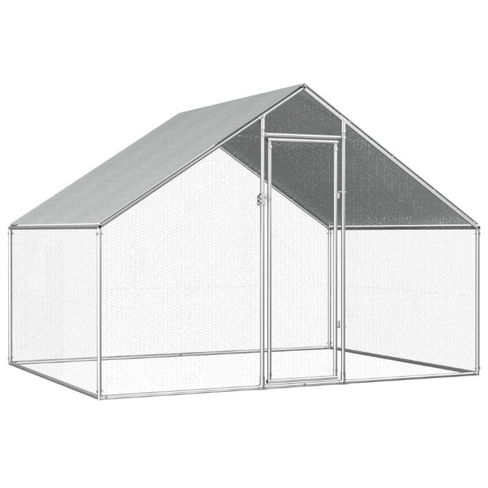 Metal chicken coop with a transparent door on a white background