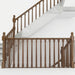 A brown wooden stair gate with a mesh safety net, installed across a staircase with a white marble-tile step and matching wooden handrails.