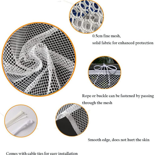 Product details of a mesh material with text on its features and uses.
