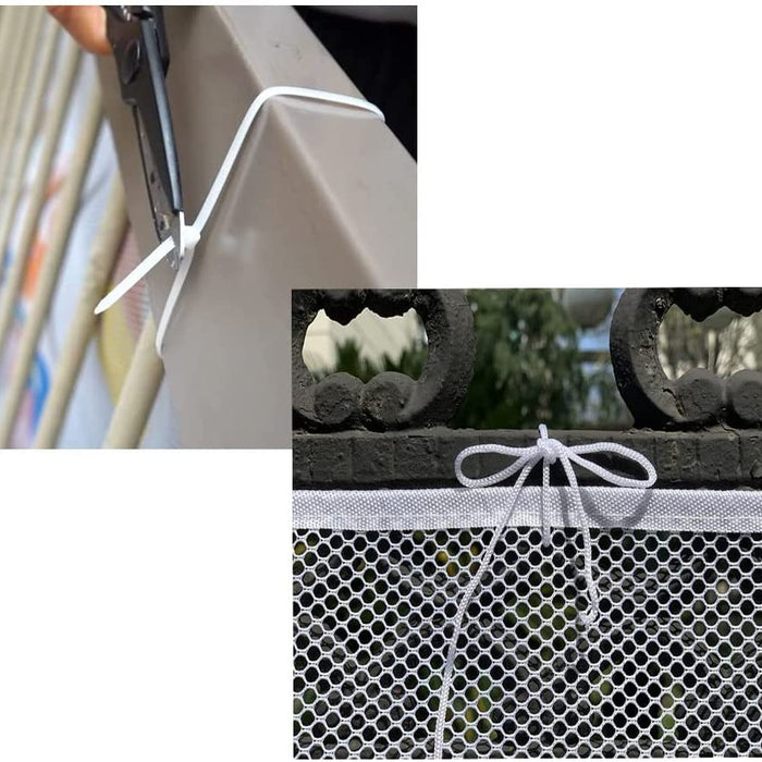 White plastic hook being used to secure a white mesh screen to a metal frame.