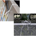 White plastic hook being used to secure a white mesh screen to a metal frame.