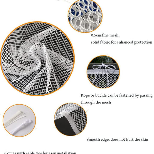 Product details of a mesh material with text on its features and uses.