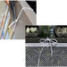 White plastic hook being used to secure a white mesh screen to a metal frame.