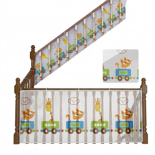 A baby staircase safety guardrail set featuring a cartoon train and animal pattern, shown installed on a wooden staircase with an inset detail view of the pattern.