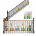 A baby staircase safety guardrail set featuring a cartoon train and animal pattern, shown installed on a wooden staircase with an inset detail view of the pattern.