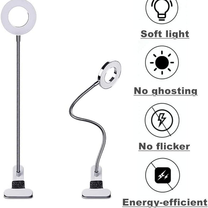 Ring light with flexible arm on a white background, featuring icons and text about light qualities.