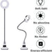 Ring light with flexible arm on a white background, featuring icons and text about light qualities.