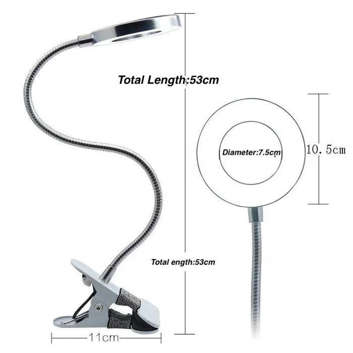 Measurement chart of a flexible LED lamp with a clip on a white background