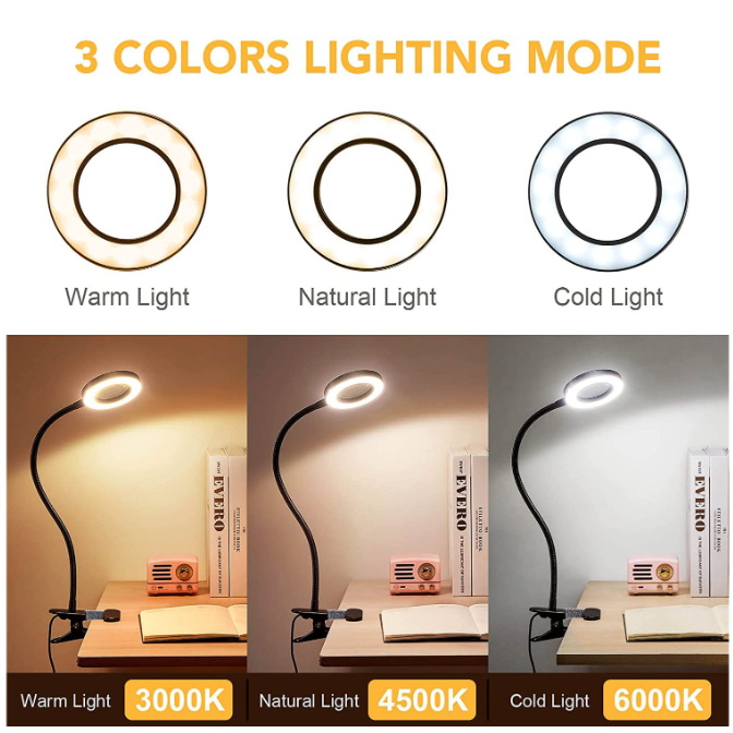Three different lighting modes of a desk lamp with color temperature labels.