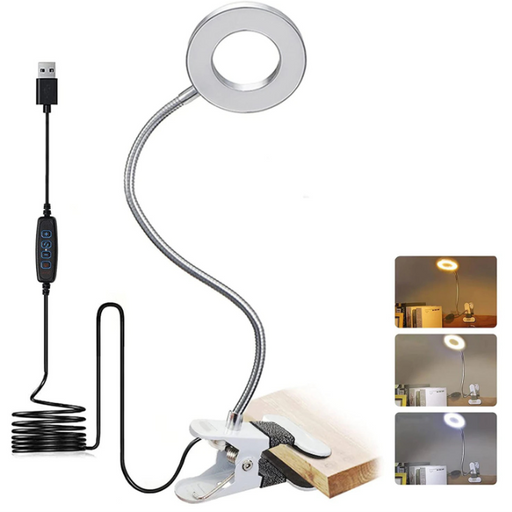 Ring light with flexible arm and clip on a white background