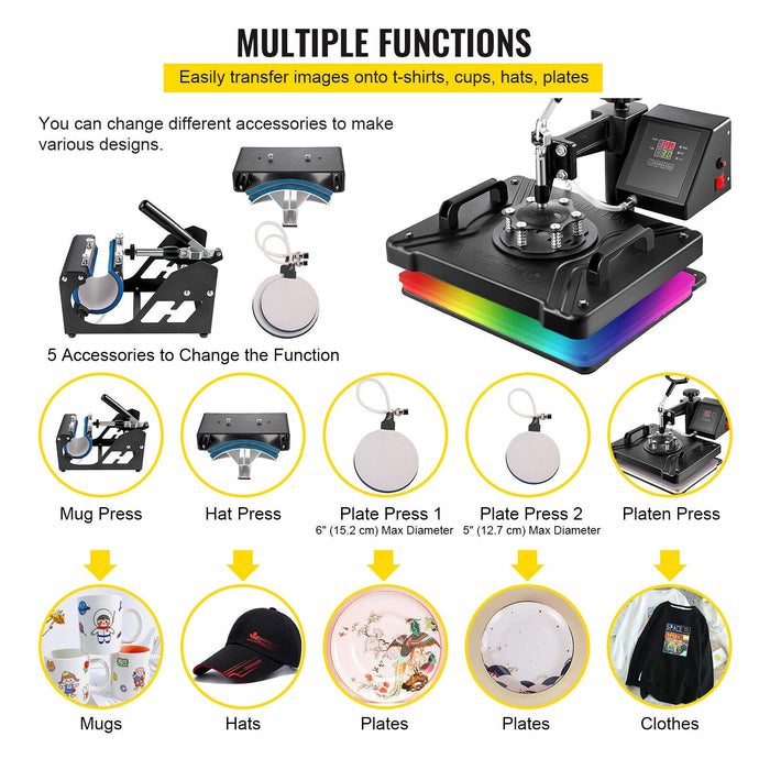 Multifunctional heat press machine with various accessories and examples of products it can press.