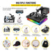 Multifunctional heat press machine with various accessories and examples of products it can press.