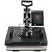 Black and gray heat press machine with digital display on a white background