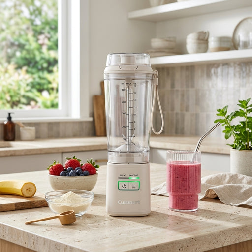 Cuisinart portable blender surrounded by fresh smoothie ingredients in a sunlit kitchen.